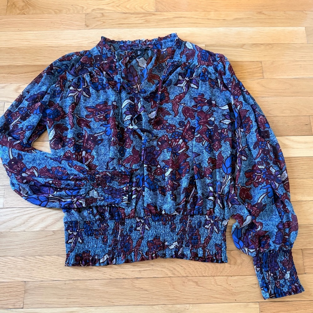 Rachel Zoe Blue Floral Smocked Blouse Boho Peasant Top Size Large